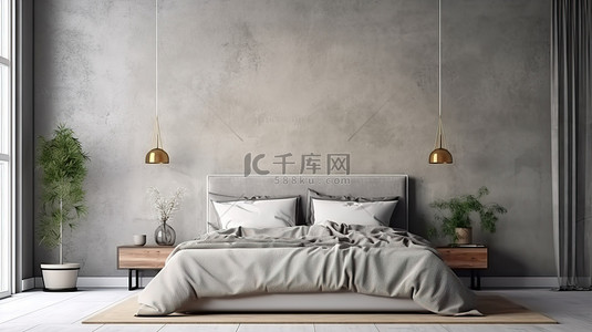 斯堪的纳维亚风格简约卧室室内样机，灰色床靠在 3D 渲染的空白墙上