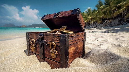 废弃岛屿海滩上的木制宝箱的海盗天堂 3D 渲染