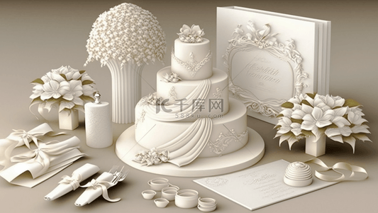 水彩丝带背景图片_婚礼白色蛋糕卡片蝴蝶结礼物物品