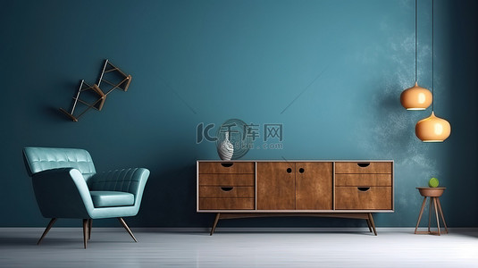 现代蓝色客厅配有令人惊叹的 3D 设计扶手椅和餐边柜