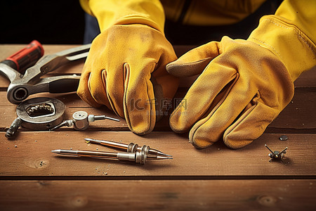 戴着黄黄色手套的修理工拿着一些工具