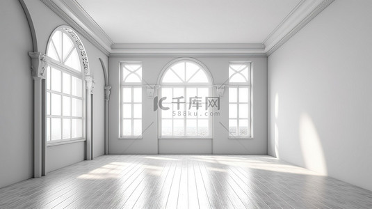 宽敞房间的 3D 渲染，带有大窗户和白色背景的简约室内设计