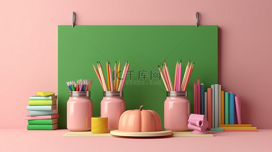 粉红色背景中教育绿板书籍和铅笔的力量