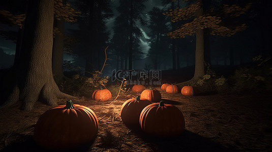 月下树背景图片_夜间幽灵 3d 渲染万圣节南瓜在闹鬼的森林里