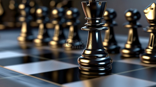 棋盘的 3D 渲染与排列的黑色棋子