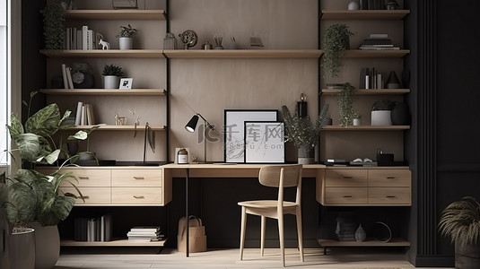家庭办公室的 3D 概念化，配有工作台书架花盆框架艺术品装饰和椅子