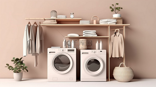 时尚的洗衣房必需品白色和米色简约概念时尚 3D 渲染