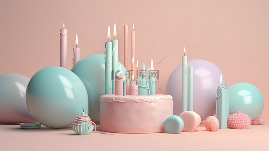 蛋糕生日蜡烛背景图片_柔和主题的生日派对横幅 3d 渲染蜡烛点亮的蛋糕