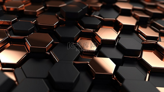 黑色背景上 3D 渲染中的铜形状抽象图案