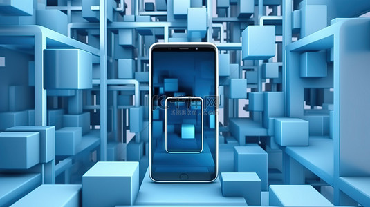 带有抽象扭曲的蓝色几何背景智能手机概念的现代 3D 插图