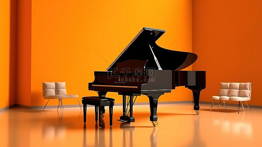 单色橙色工作室中的 3D 渲染黑色三角钢琴