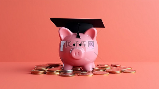 毕业背景卡通背景图片_教育基金粉色存钱罐，带毕业帽和硬币，可保存奖学金