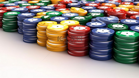 充满活力的赌场扑克筹码在 3D 渲染的干净白色表面上高高堆起