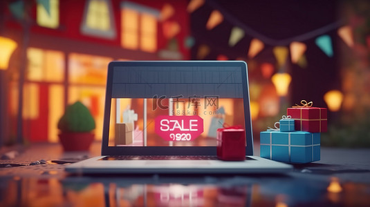 风扇商城背景图片_带有销售标志的笔记本电脑在线购物数字营销推广的 3D 渲染