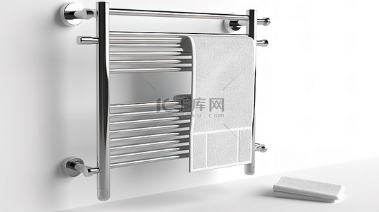加金属背景图片_白色背景的 3D 渲染，配有浴室毛巾暖轨和温暖的毛巾