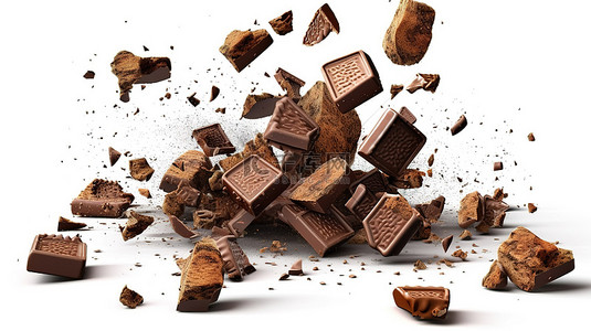 白色背景上层叠的巧克力块和碎片的 3D 插图