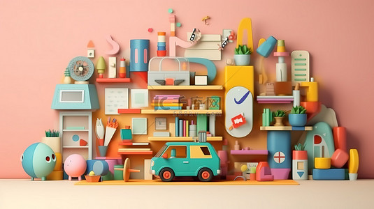 3D 插图中色彩缤纷创新的玩具工作区的顶视图场景，非常适合学习和商业概念
