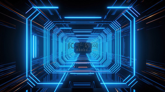 抽象 3d 门户虚拟现实之旅通过发光的隧道霓虹灯和光谱蓝色曲线