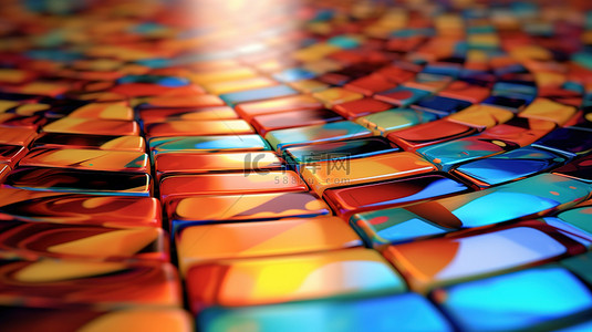 七彩色彩背景图片_玻璃砖地板上充满活力的曲线的 3D 渲染反射
