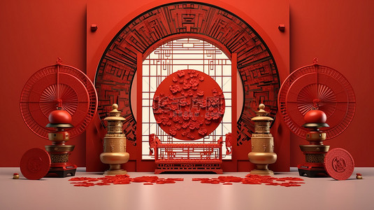 中国新年装饰品门灯笼和扇子的 3D 渲染