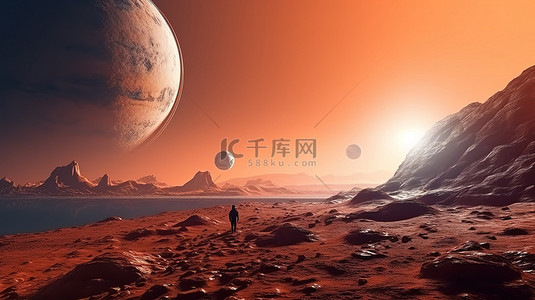 探索星空背景图片_超凡脱俗的风景宇航员在 3D 幻想渲染中探索发光的橙色星星中的行星