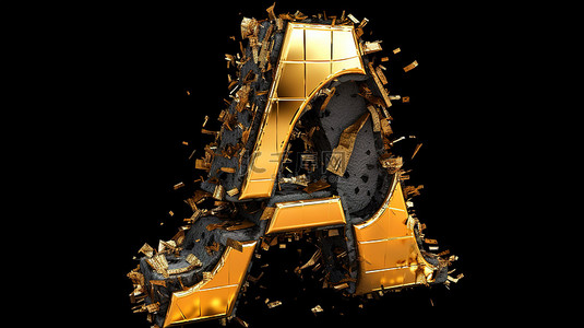 金色宝藏在损坏的黑色字母中揭晓，3D 插图完美适合排版字母和信件主题