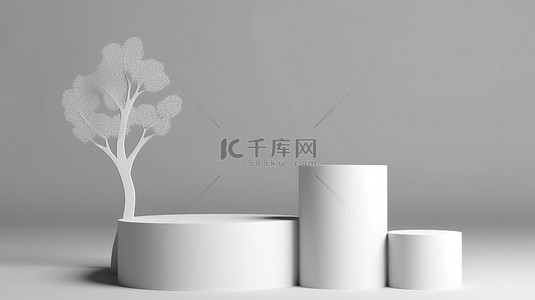 白色舞台背景图片_以树影为产品展示台背景的白色圆柱讲台的 3D 渲染