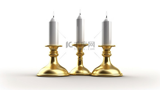白色背景下带有三支蜡烛的金色烛台架的燃烧三重奏 3D 插图