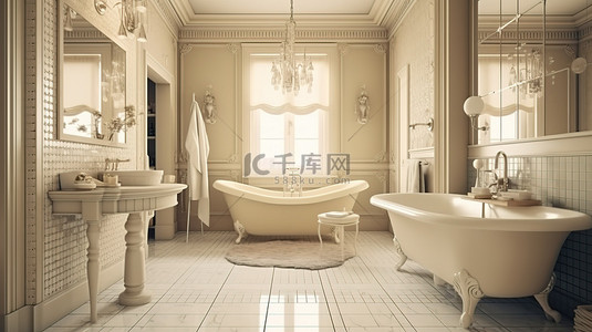 奢华的瓷砖装饰以 3D 渲染为这间现代浴室带来复古气息