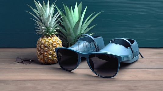 虚拟旅行风格 3D 眼镜，配有棕榈叶鞋帽和蓝色木质背景上的菠萝