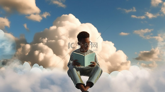 年轻就要拼背景图片_一位年轻的非洲文学爱好者在云端翱翔，沉迷于一本书 3D 渲染图像