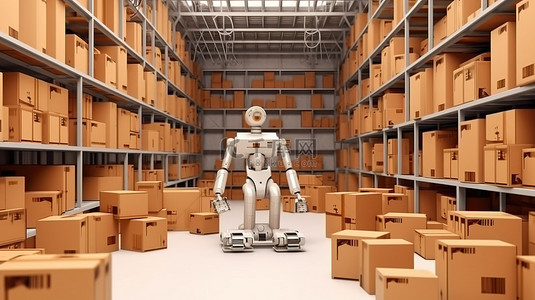 仓库货物背景图片_仓储的未来 3D 渲染机器人搬运纸板箱