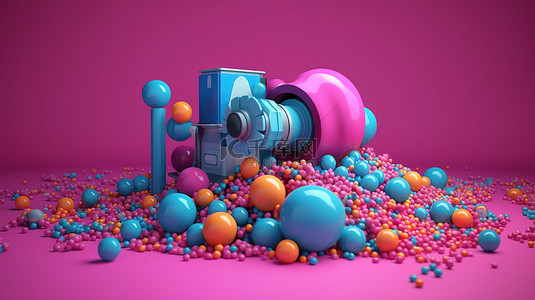 粉红色背景 3D 渲染上的彩色球环绕蓝色电影放映机