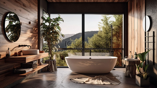 3D 渲染阁楼风格浴室中配有木制浴缸的自然景观