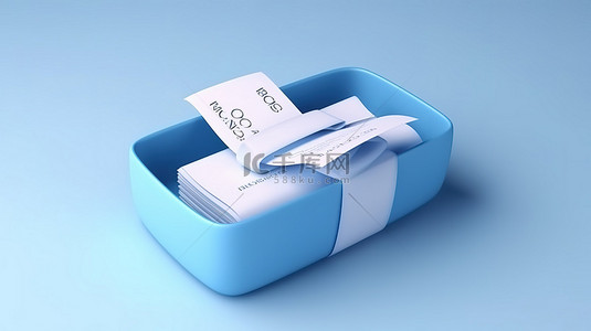 售卡背景图片_蓝色礼品盒的 3D 渲染，带有白色凭证和未包装的标签