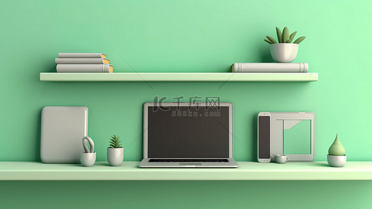 手机绿色背景背景图片_高科技三重奏笔记本电脑手机和平板电脑在绿色墙架上 3D 插图与垂直背景