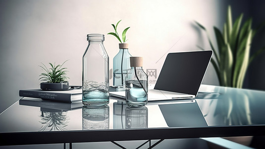 家庭水背景图片_时尚的家庭办公室设置 3D 渲染电脑笔记本电脑水和工作台上的盆栽植物