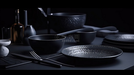 设计上的美食背景图片_餐具套装 3d 呈现，用于在深色背景上以别致的盘子设计呈现优雅的餐桌