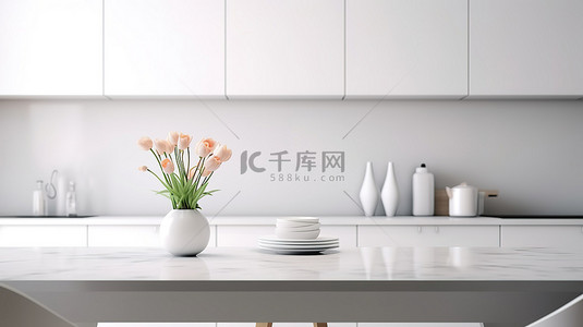 厨房特写背景图片_简约厨房蒙太奇特写，现代白色餐桌上有丰富的复制空间 3D 渲染和插图