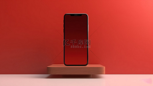 木质讲台的 3D 渲染，智能手机漂浮在右侧空白屏幕和红色背景上