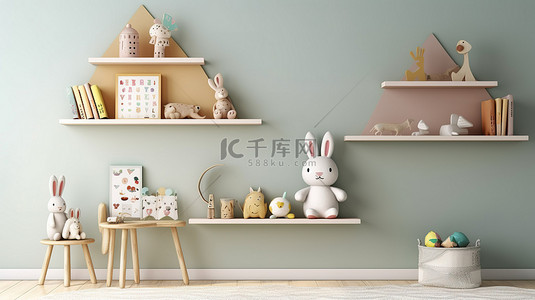 中国家庭的背景图片_简约的斯堪的纳维亚风格的儿童房，空墙上有儿童架子和玩具，以 3D 渲染呈现