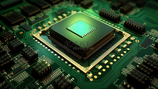 芯片电路板背景图片_带有 3d 渲染 cpu 芯片的绿色电路板