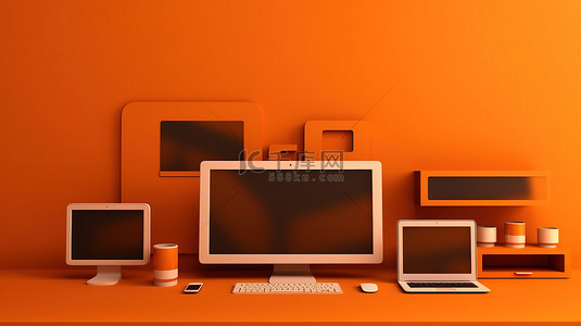 手机屏幕电商背景图片_橙色桌面背景与电脑笔记本电脑手机和平板电脑的 3D 插图