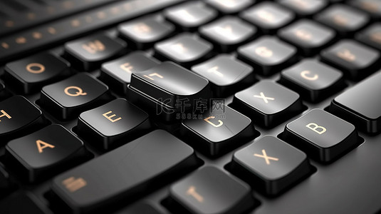 商业和技术背景上带有技术键的黑色键盘的 3D 渲染
