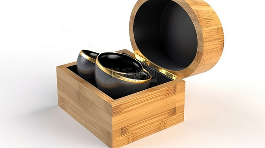 中婚礼背景图片_精致的木制漆环礼盒，3D 渲染，白色背景中嵌有两个结婚戒指