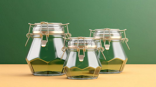 金色剪裁六边形罐子设置在 3D 渲染中的绿色隔离背景模型上