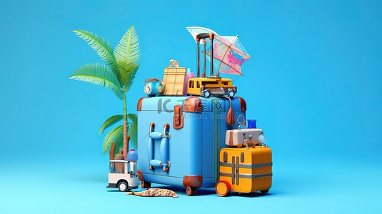 旅行必需品背景图片_夏季冒险 3D 渲染蓝色手提箱与旅行必需品