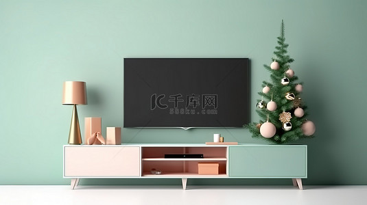 圣诞节绿背景图片_圣诞节主题客厅的 3D 插图，配有电视样机和空白绿屏