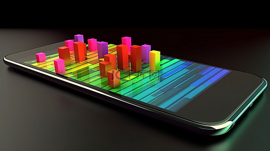 金融卡通图背景图片_手机显示金融图表的 3D 渲染图，表明业务指数增长