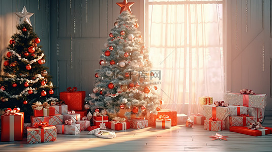 节日 3D 渲染的圣诞场景，配有圣诞树礼物和装饰